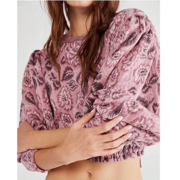 Free People No Ordinary Floral Jacquard Knit Puff Sleeves Top Pink Open Back - Picture 2 of 16